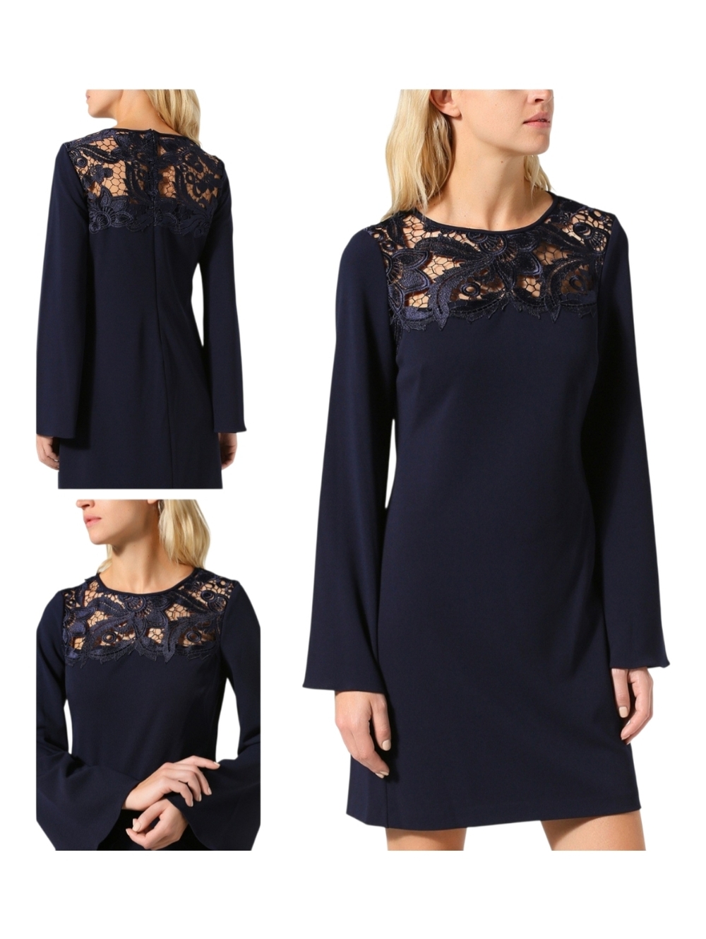 Ralph Lauren Navy Lace Yoke Long Sleeve Shift Dress